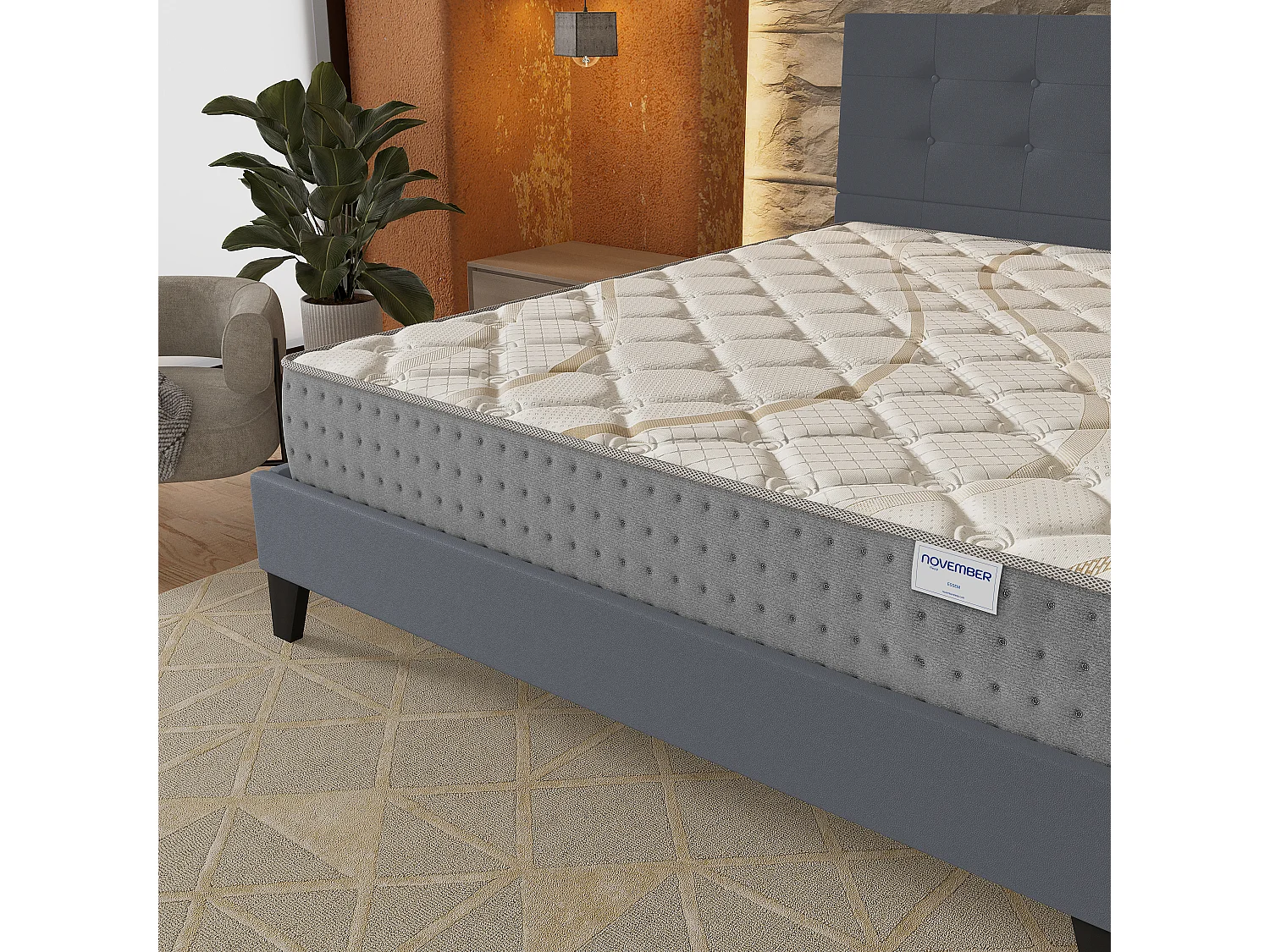 Ensemble 140x190 cm, lit avec tête de lit + matelas ressorts ensachés, ép.25cm accueil mousse HR