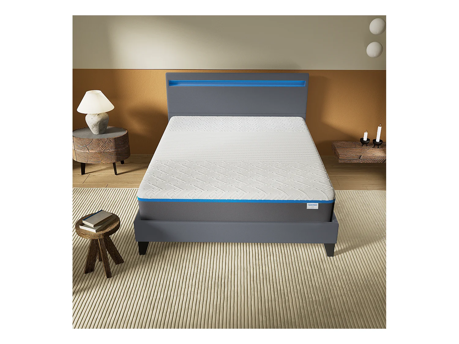 Ensemble Matelas Mousse + Lit Avec Tête De Lit 160x200cm Epaisseur 28cm Souple Accueil Latex Naturel