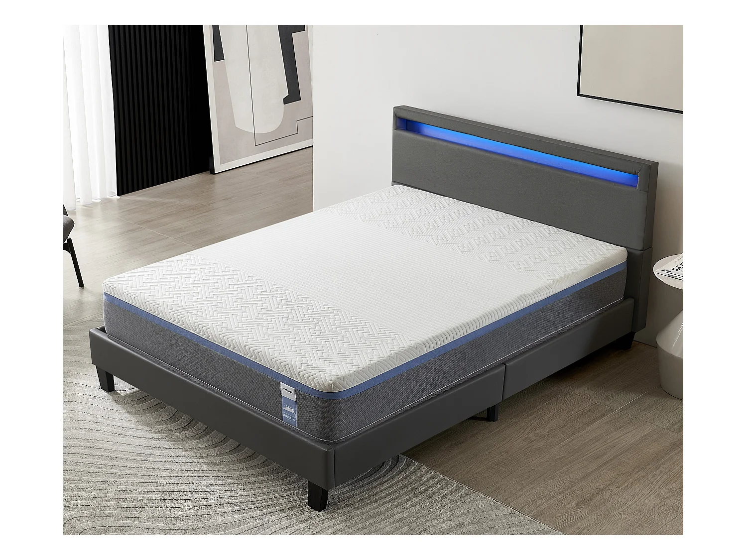 Ensemble Matelas Mousse + Lit Avec Tête De Lit 160x200cm Epaisseur 28cm Souple Accueil Latex Naturel