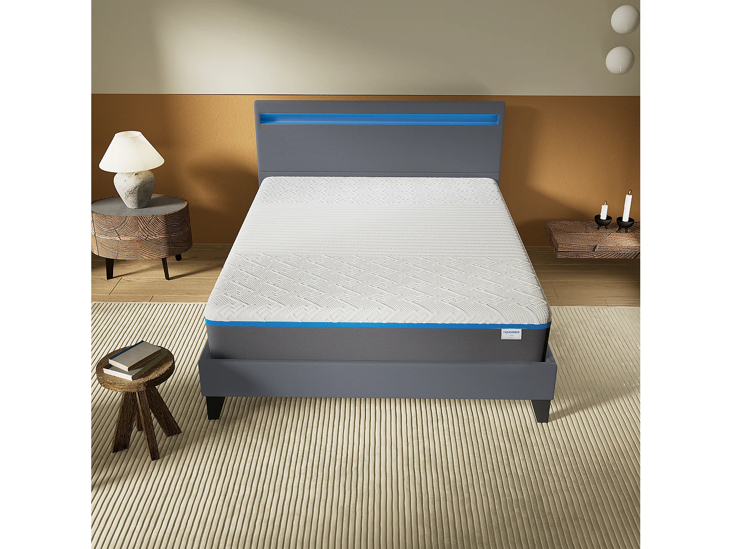 Ensemble Matelas Mousse + Lit Avec Tête De Lit 160x200cm Epaisseur 28cm Souple Accueil Latex Naturel