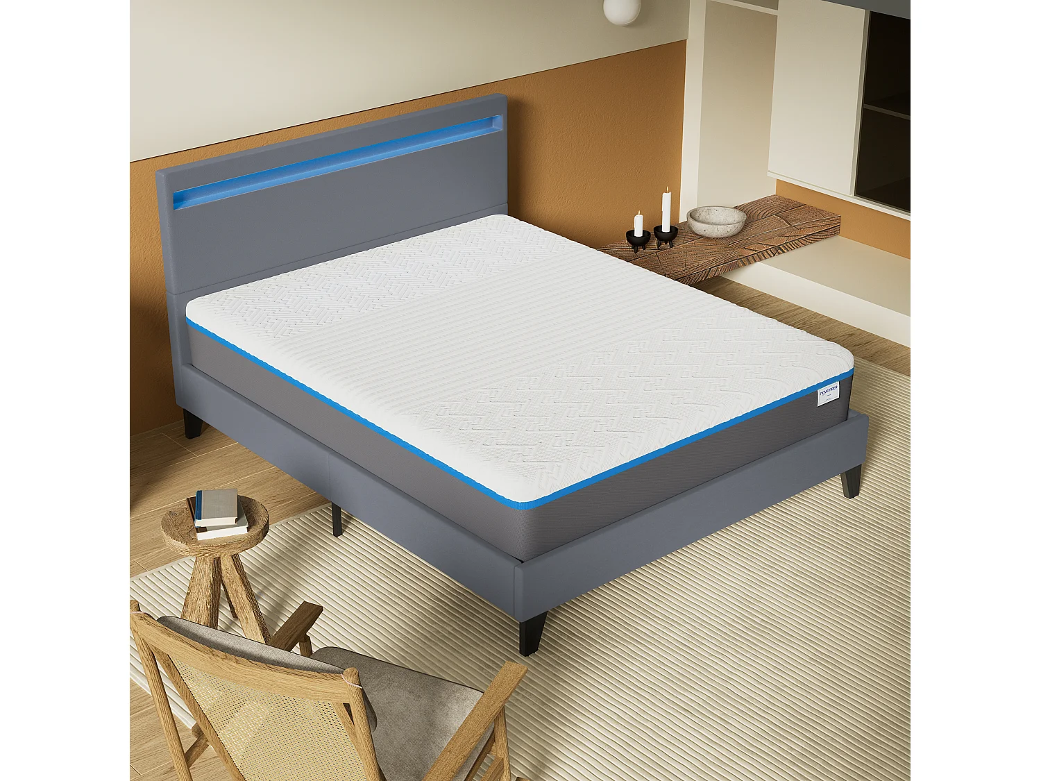 Ensemble Matelas Mousse + Lit Avec Tête De Lit 160x200cm Epaisseur 28cm Souple Accueil Latex Naturel