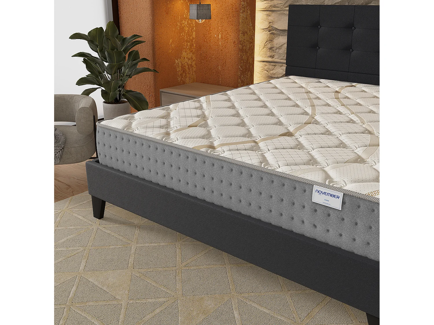 Ensemble 160x200 cm, lit avec tête de lit + matelas ressorts ensachés, ép.25cm accueil mousse HR