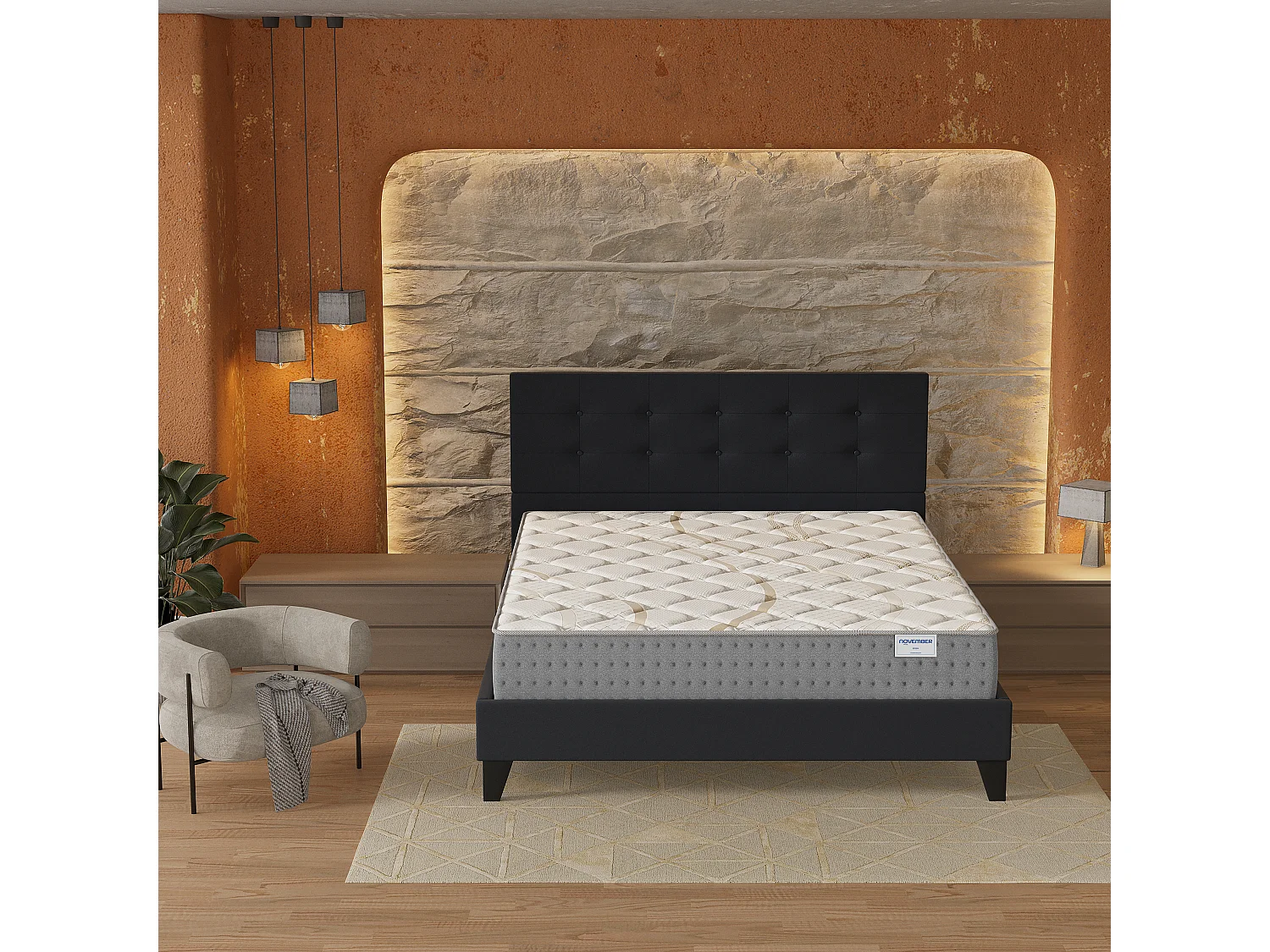 Ensemble 160x200 cm, lit avec tête de lit + matelas ressorts ensachés, ép.25cm accueil mousse HR