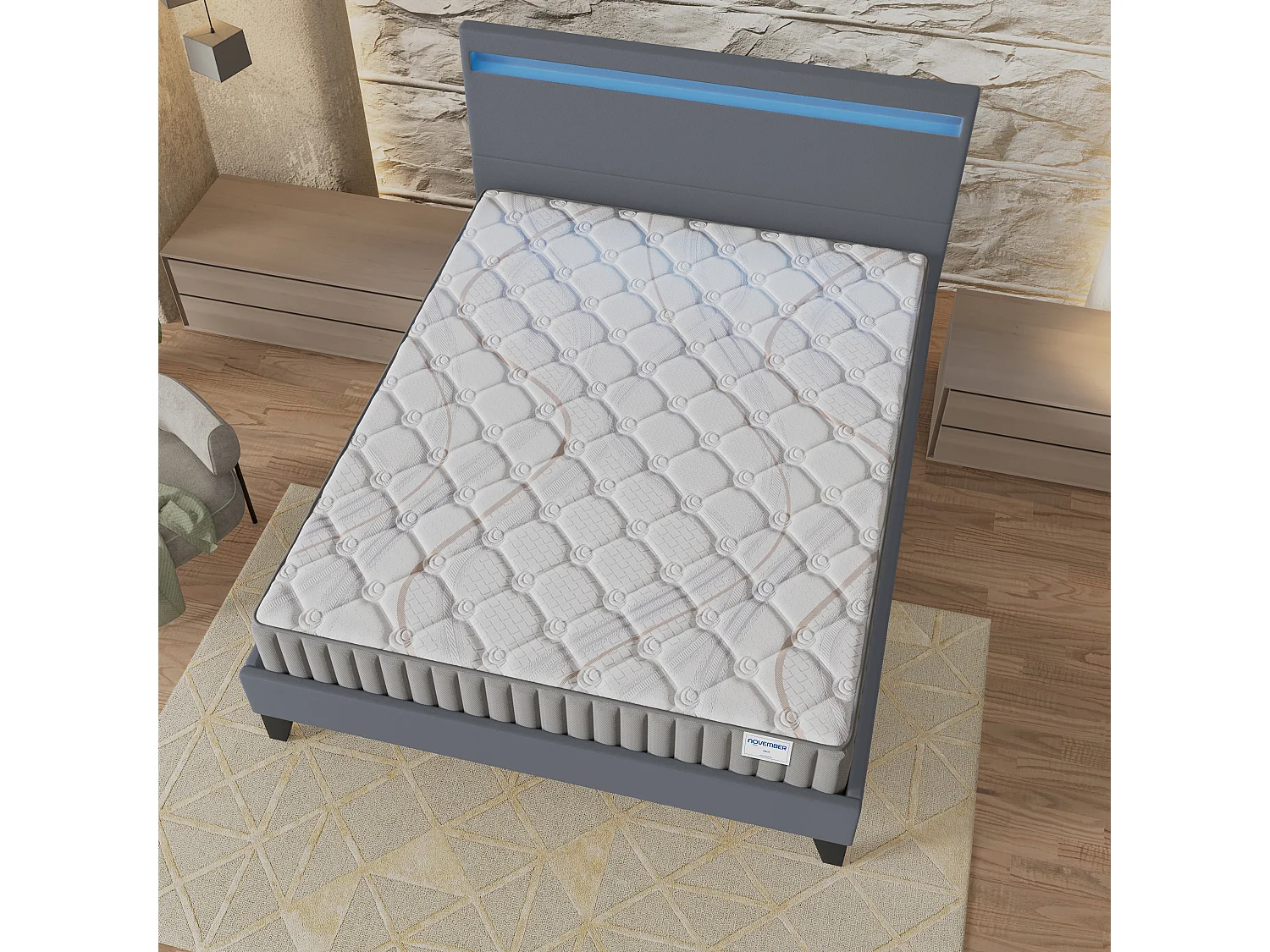 Ensemble Matelas + lit 140x200 cm, Matelas 16cm mousse, accueil latex, lit à tête de lit LED similicuir gris