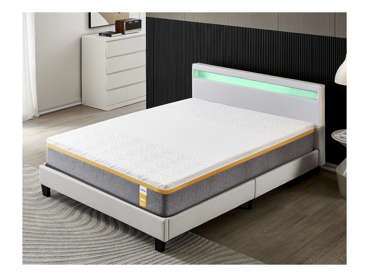 Ensemble Matelas Mousse + Lit Avec Tête De Lit 160x200cm Epaisseur 28cm Ferme Accueil Latex Naturel