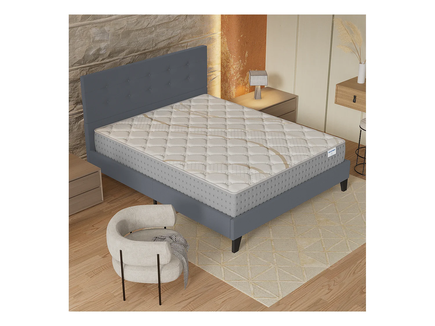 Ensemble 120x190 cm, lit avec tête de lit + matelas ressorts ensachés, ép.25cm accueil mousse HR