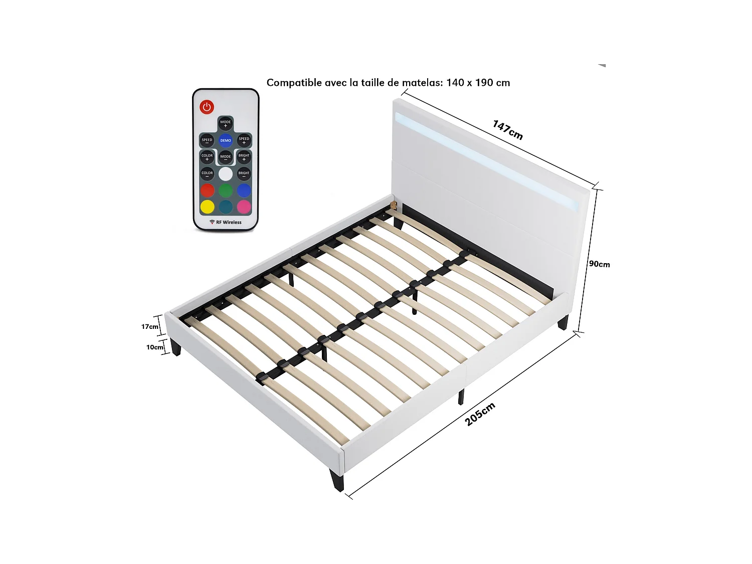 Ensemble Matelas + lit 140x190 cm, Matelas 22cm mousse, accueil mémoire de forme, lit à tête de lit LED similicuir blanc