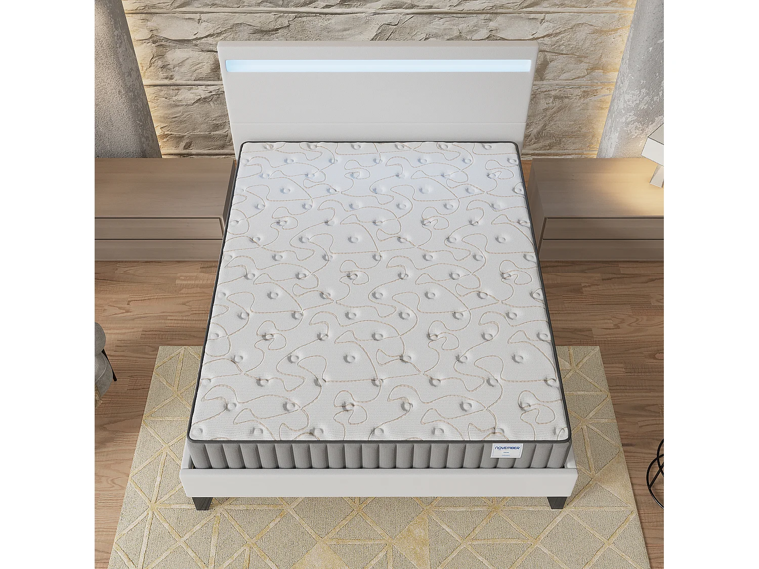 Ensemble Matelas + lit 140x190 cm, Matelas 22cm mousse, accueil mémoire de forme, lit à tête de lit LED similicuir blanc