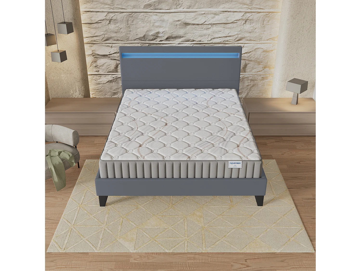 Ensemble Matelas + lit 160x200 cm, Matelas 22cm mousse, accueil latex, lit à tête de lit LED similicuir gris