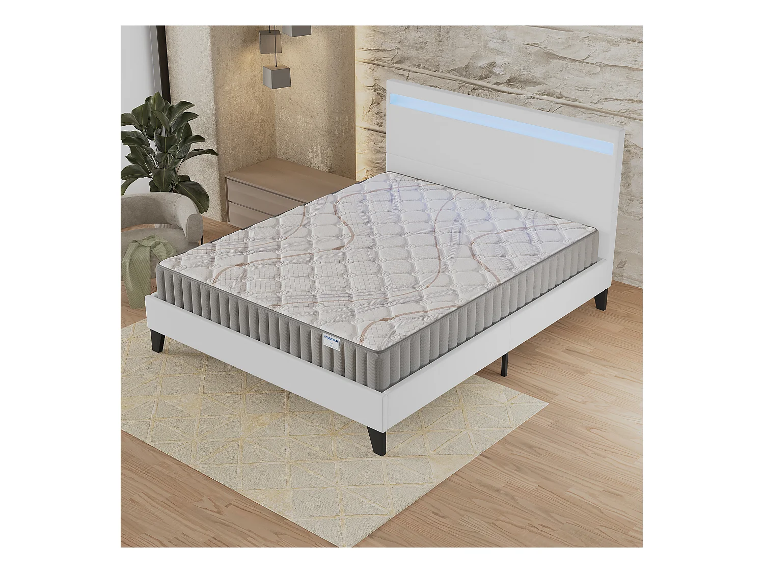 Ensemble Matelas + lit 140x200 cm, Matelas 16cm mousse, accueil latex, lit à tête de lit LED similicuir blanc