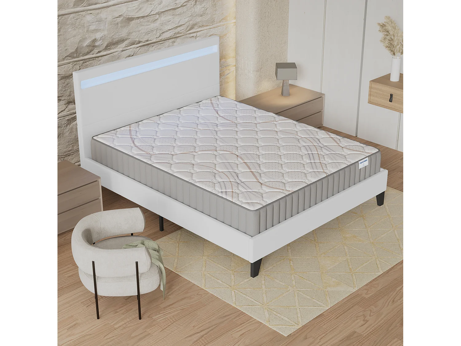 Ensemble Matelas + lit 140x200 cm, Matelas 16cm mousse, accueil latex, lit à tête de lit LED similicuir blanc