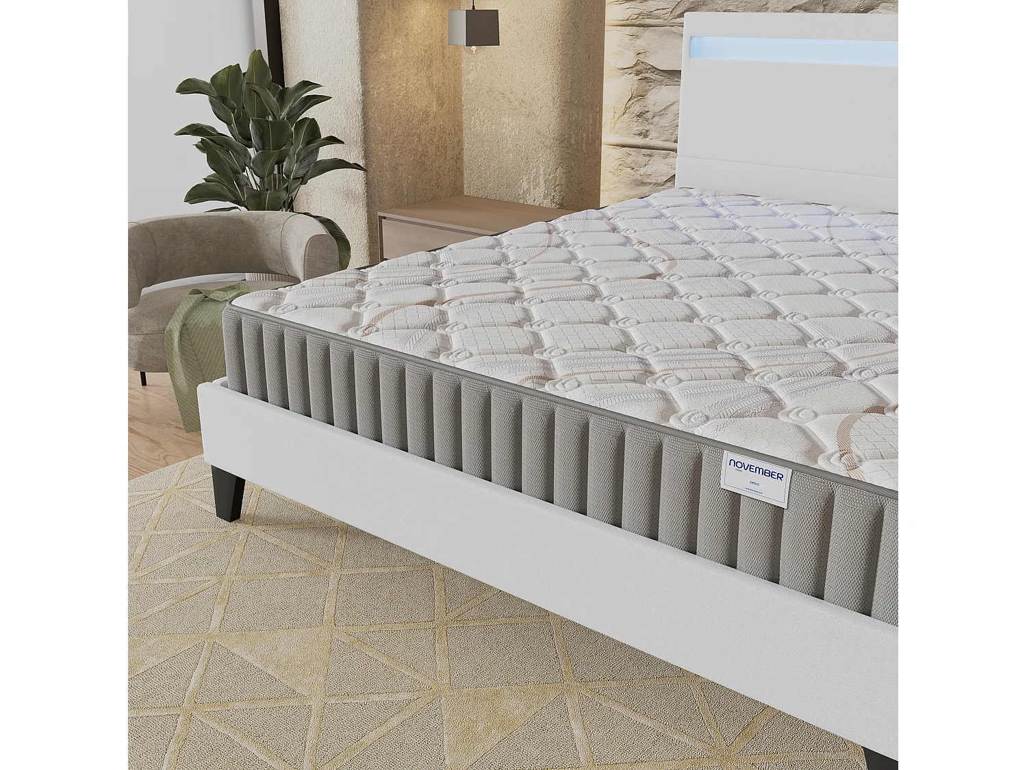 Ensemble Matelas + lit 140x200 cm, Matelas 16cm mousse, accueil latex, lit à tête de lit LED similicuir blanc