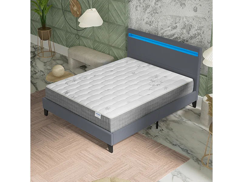 Ensemble Matelas + lit 120x190 cm, Matelas 25cm ressorts ensachés + mémoire de forme, lit à tête de lit LED similicuir gris