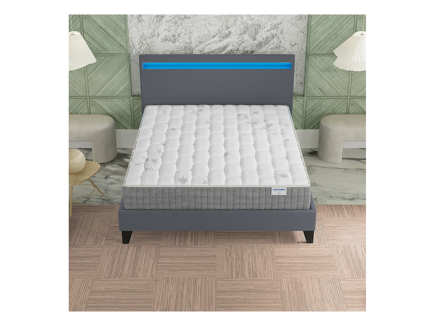 Ensemble Matelas + lit 120x190 cm, Matelas 25cm ressorts ensachés + mémoire de forme, lit à tête de lit LED similicuir gris