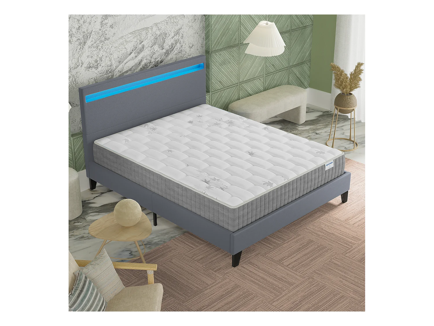 Ensemble Matelas + lit 120x190 cm, Matelas 25cm ressorts ensachés + mémoire de forme, lit à tête de lit LED similicuir gris