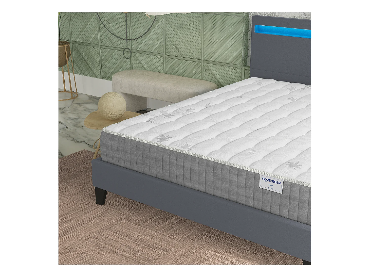 Ensemble Matelas + lit 120x190 cm, Matelas 25cm ressorts ensachés + mémoire de forme, lit à tête de lit LED similicuir gris