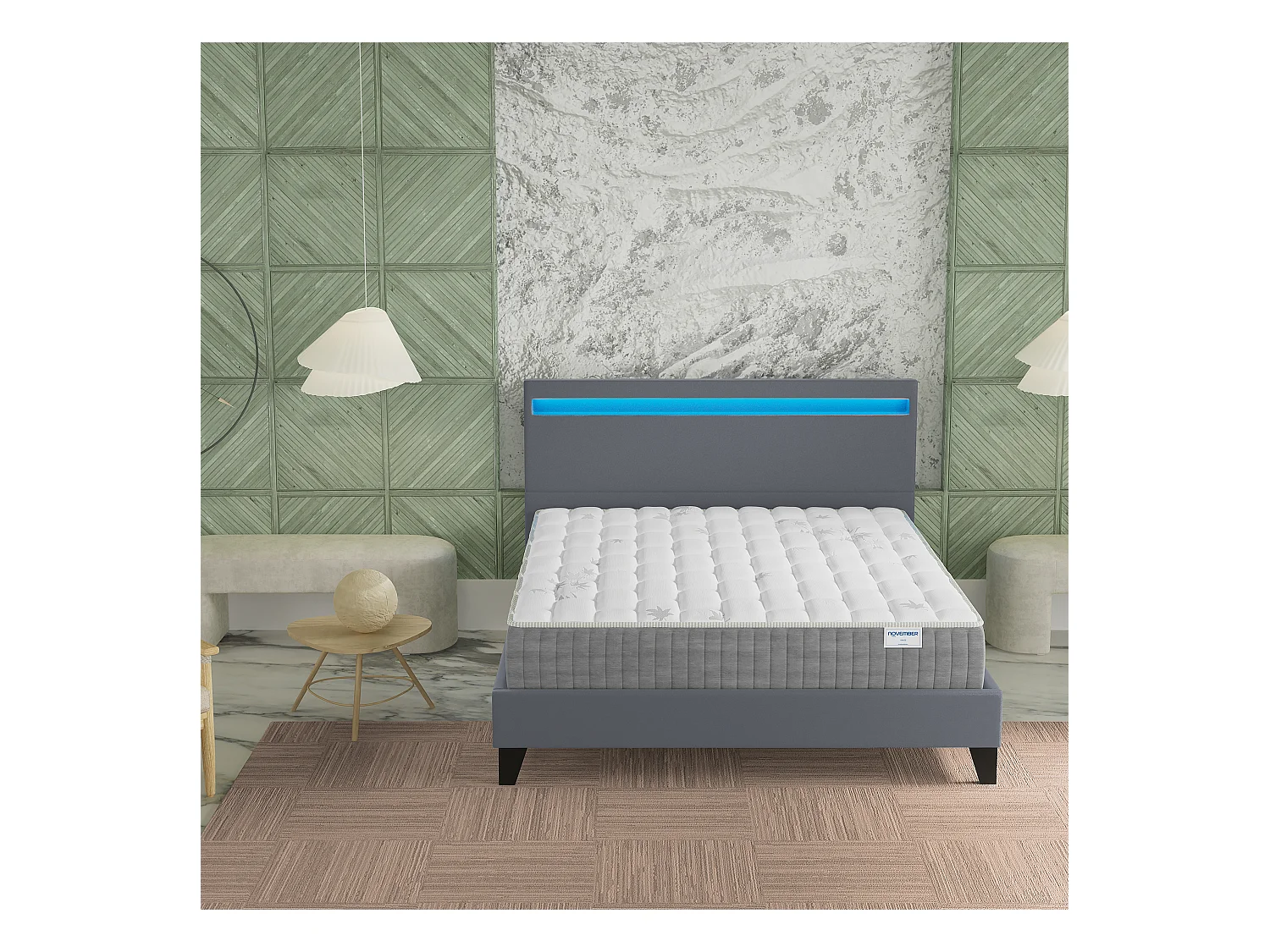 Ensemble Matelas + lit 120x190 cm, Matelas 25cm ressorts ensachés + mémoire de forme, lit à tête de lit LED similicuir gris