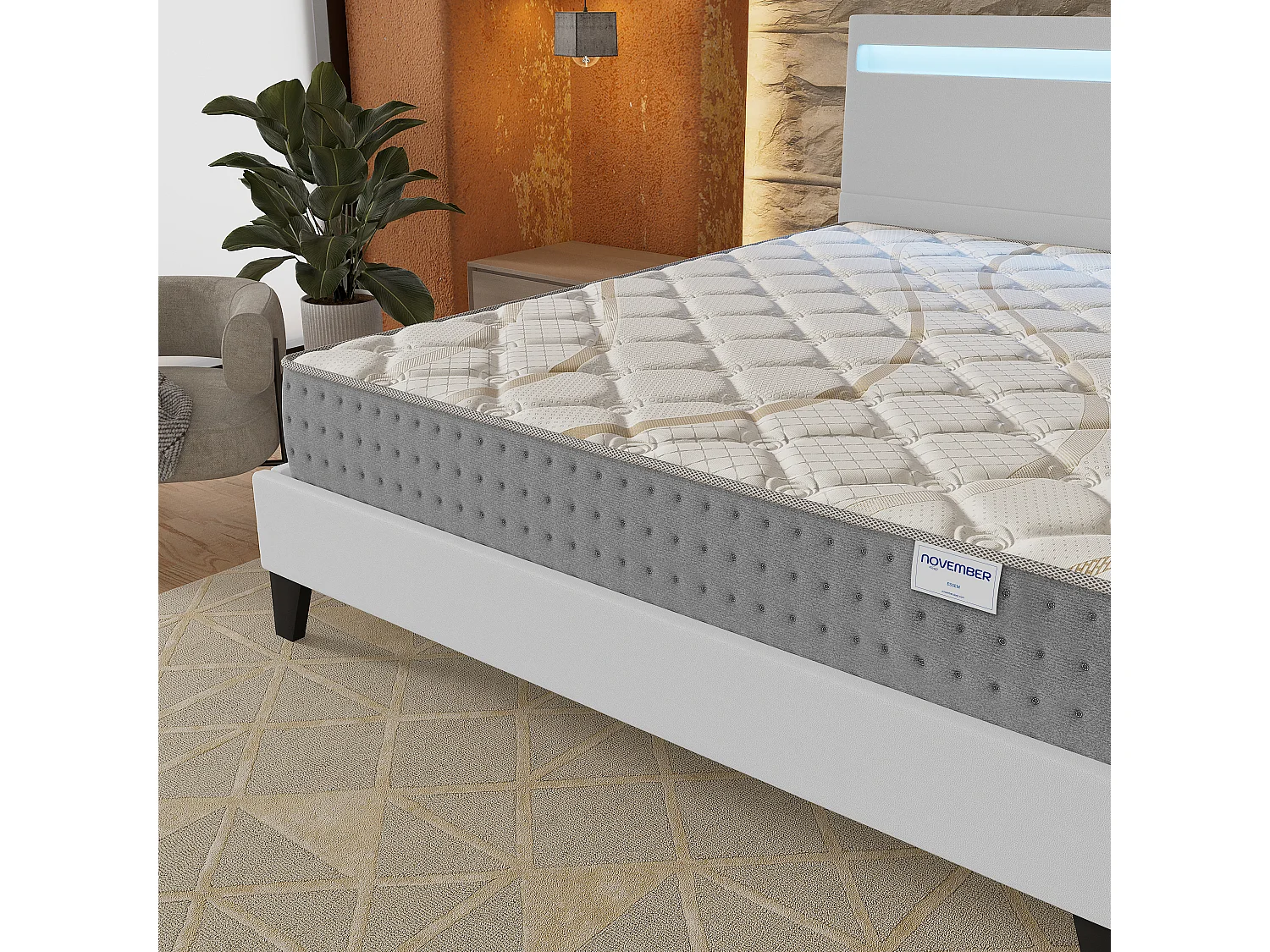 Ensemble Matelas + lit 120x190 cm, Matelas 25cm ressorts ensachés, accueil mousse, lit à tête de lit LED similicuir blanc