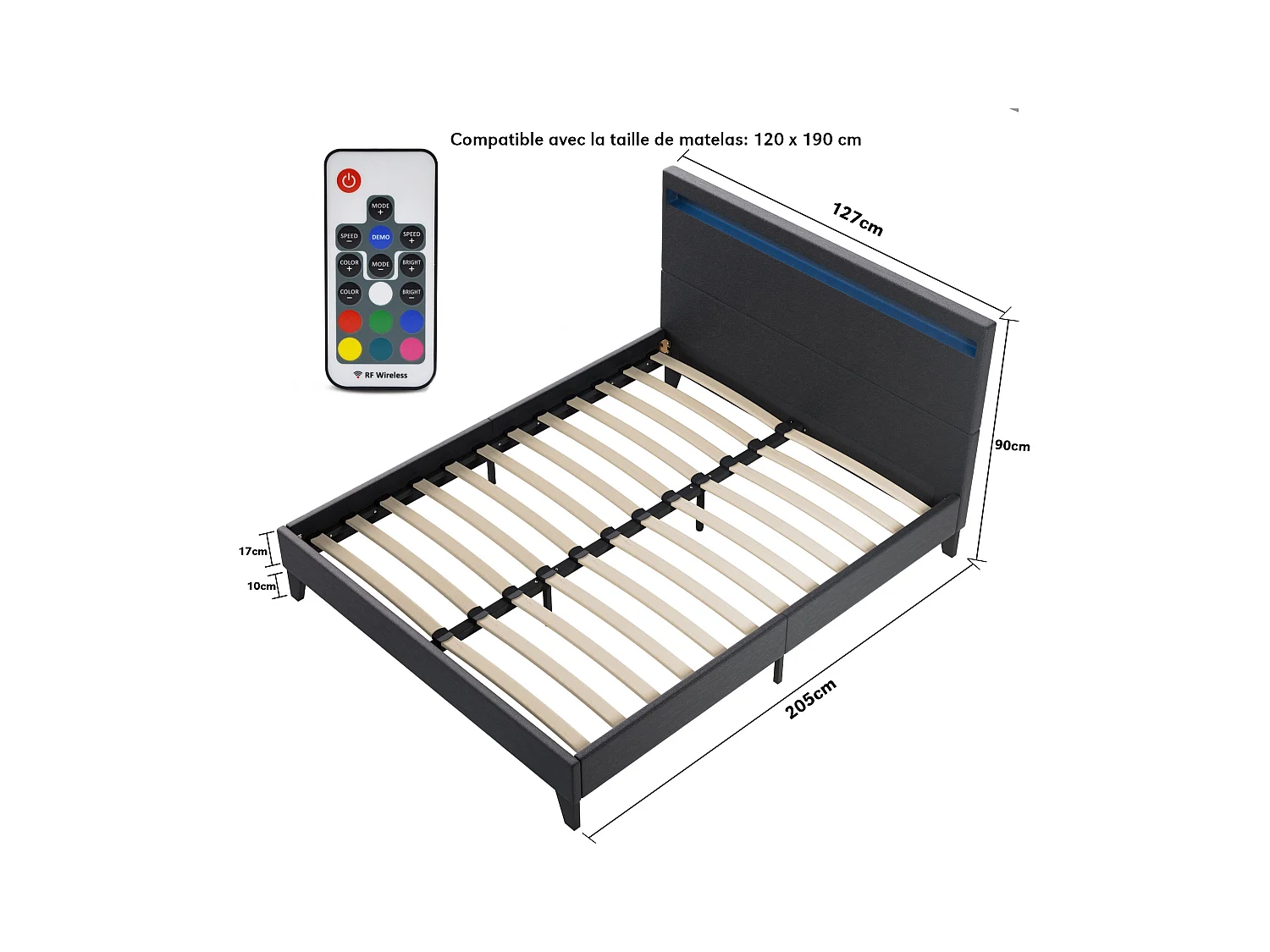Ensemble Matelas + lit 120x190 cm, Matelas 16cm mousse, accueil latex, lit à tête de lit LED similicuir noir