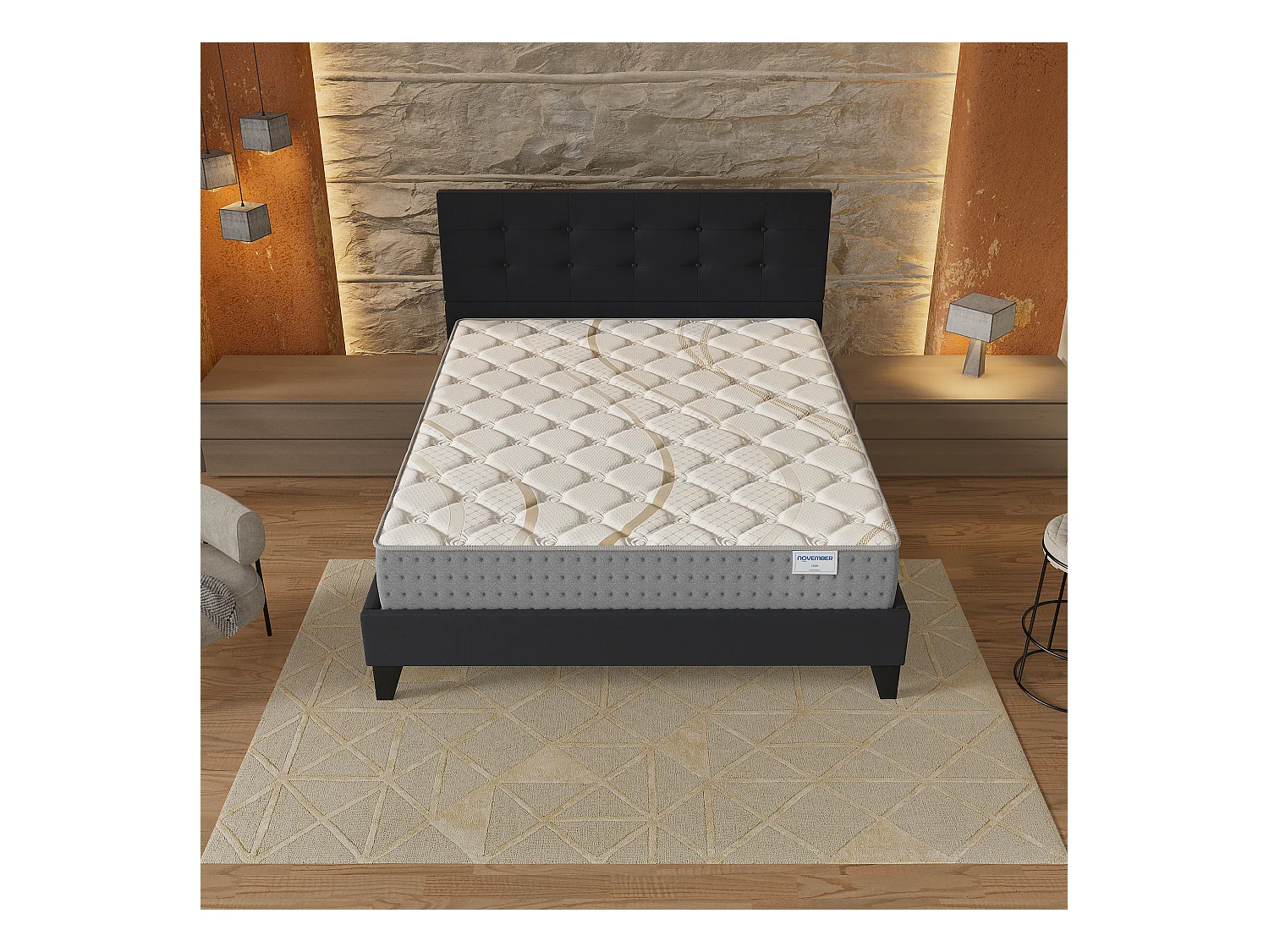 Ensemble 140x200 cm, lit avec tête de lit + matelas ressorts ensachés, ép.25cm accueil mousse HR