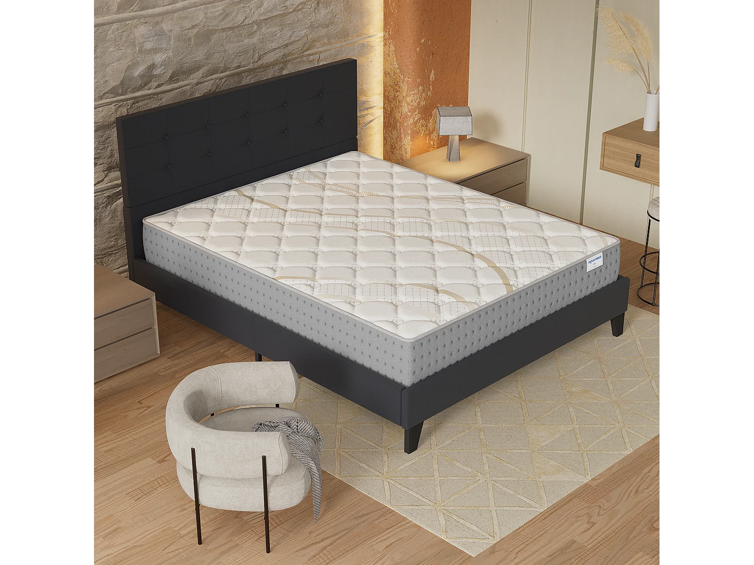 Ensemble 140x200 cm, lit avec tête de lit + matelas ressorts ensachés, ép.25cm accueil mousse HR