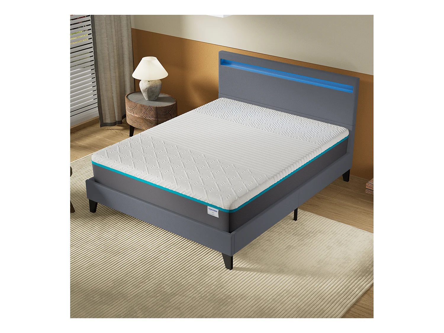 Ensemble Matelas Mousse + Lit Avec Tête De Lit 160x200cm Epaisseur 28cm Equilibré Accueil Latex