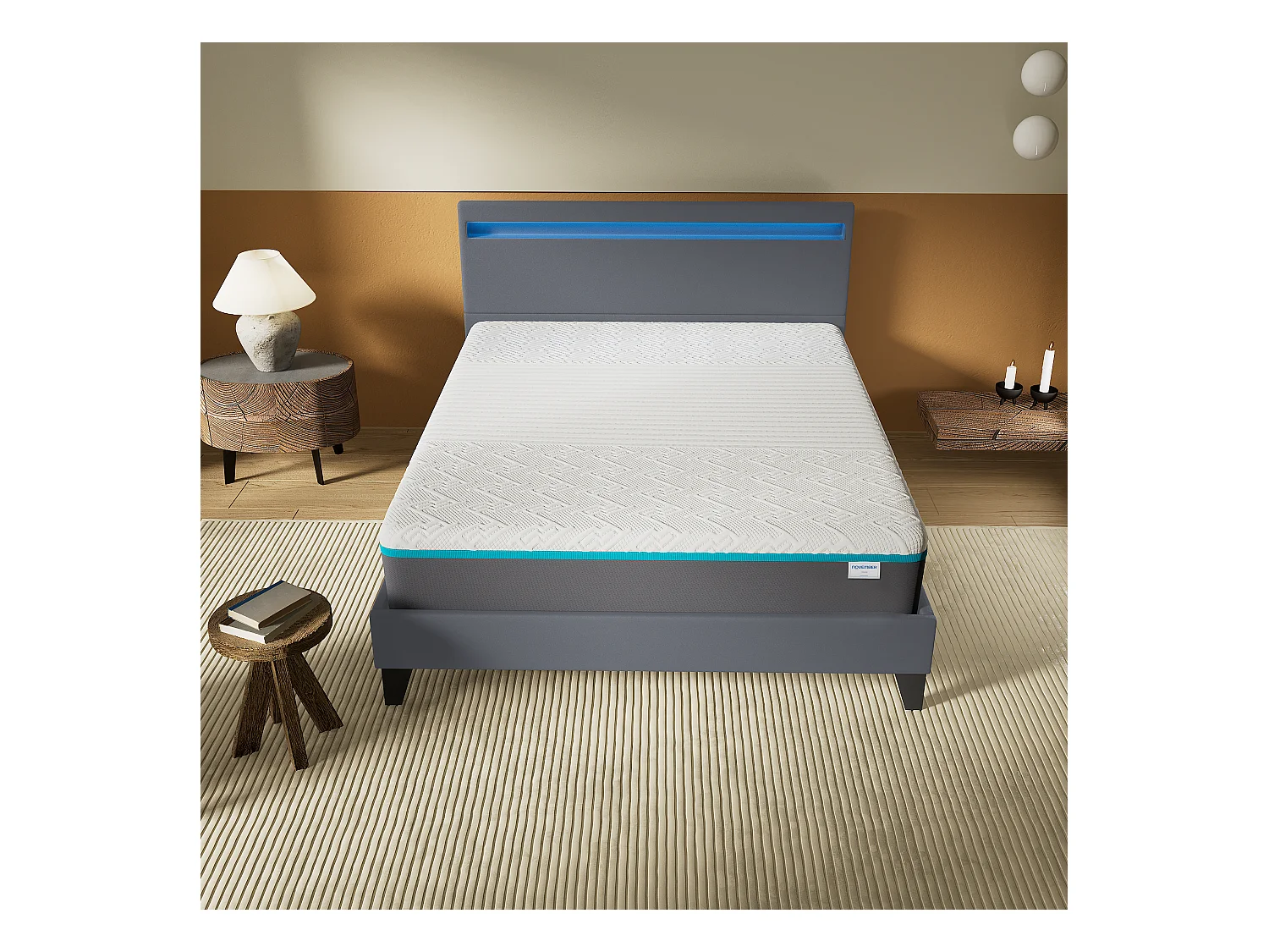 Ensemble Matelas Mousse + Lit Avec Tête De Lit 160x200cm Epaisseur 28cm Equilibré Accueil Latex