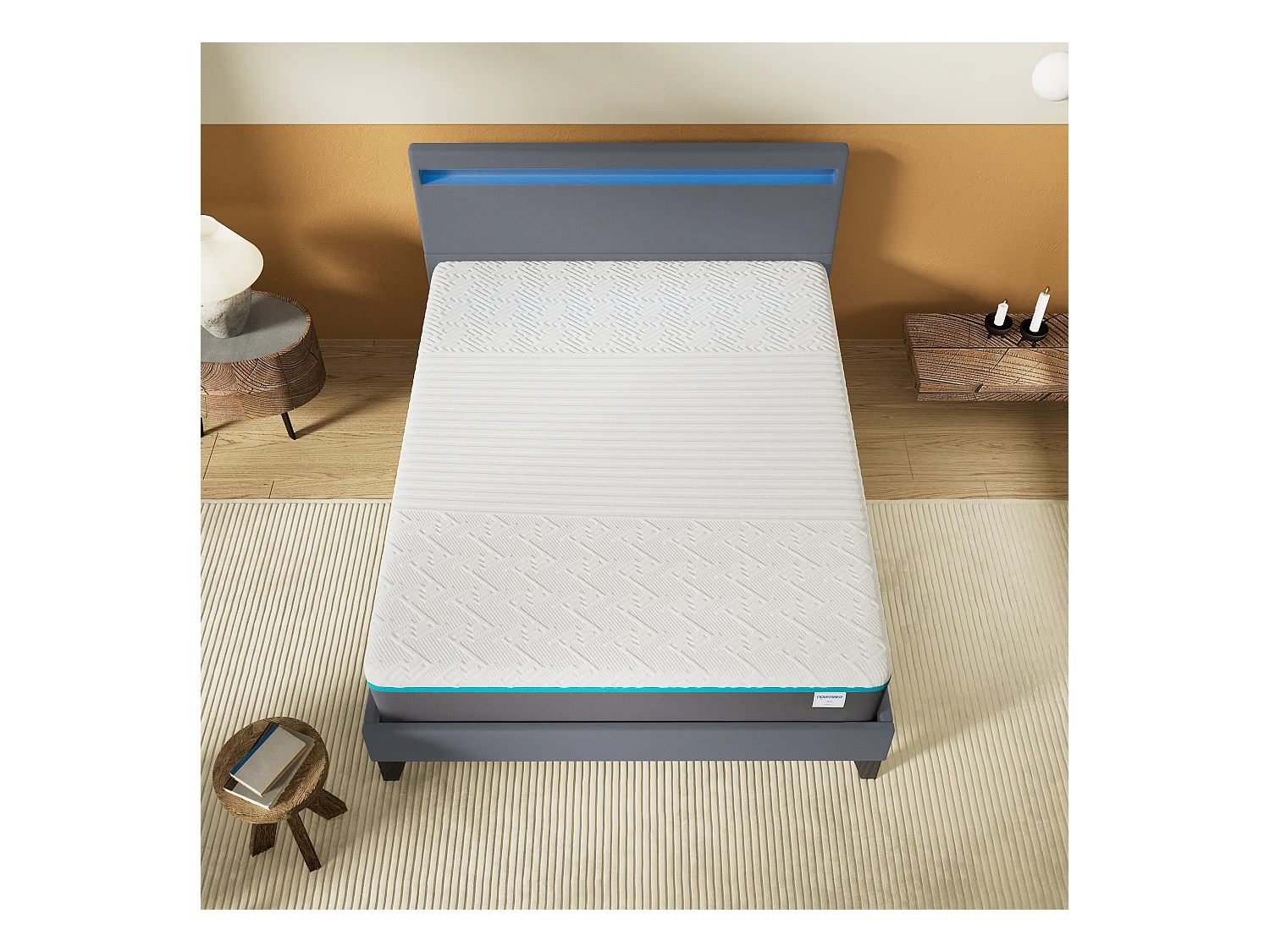 Ensemble Matelas Mousse + Lit Avec Tête De Lit 160x200cm Epaisseur 28cm Equilibré Accueil Latex