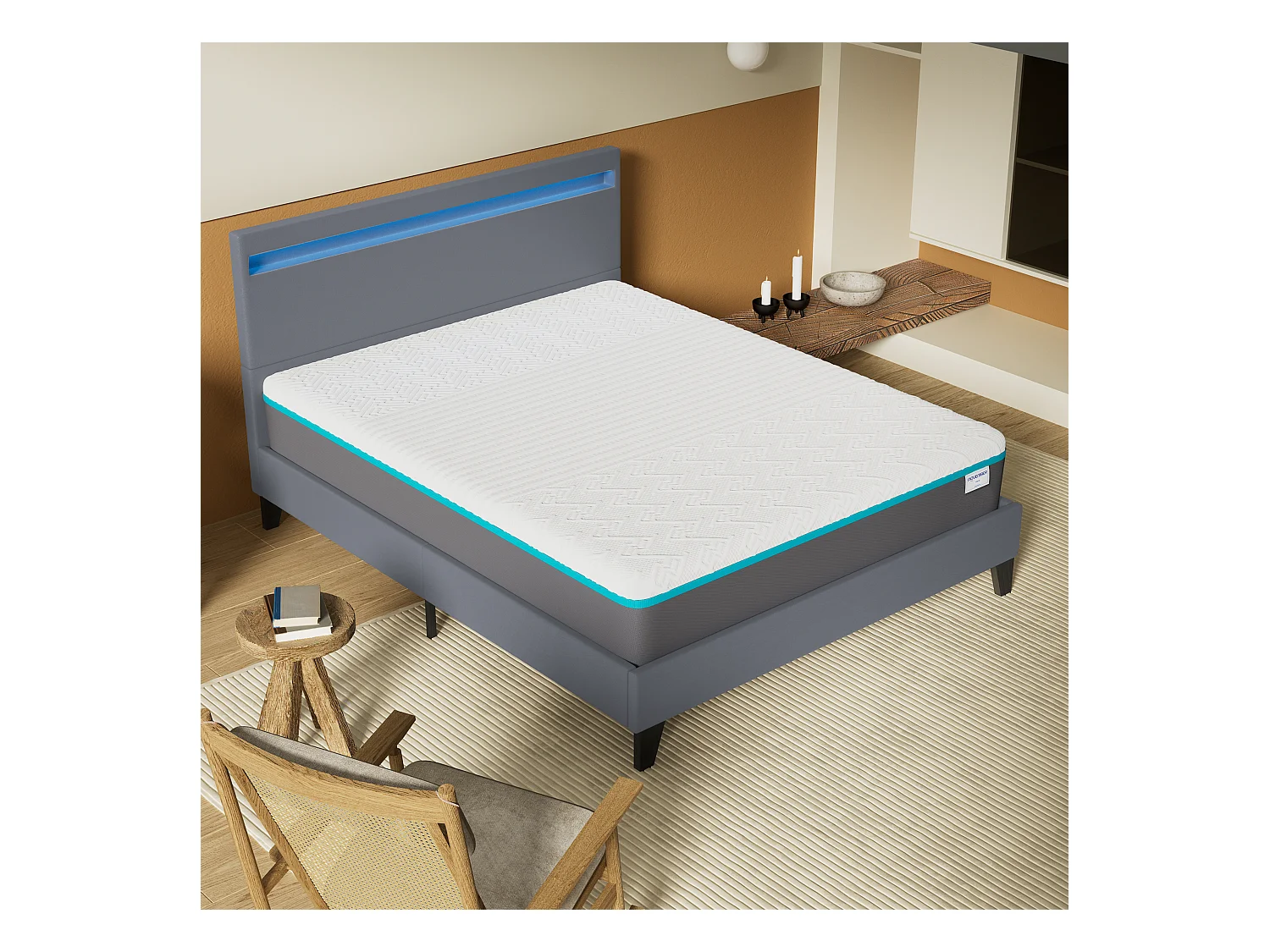 Ensemble Matelas Mousse + Lit Avec Tête De Lit 160x200cm Epaisseur 28cm Equilibré Accueil Latex