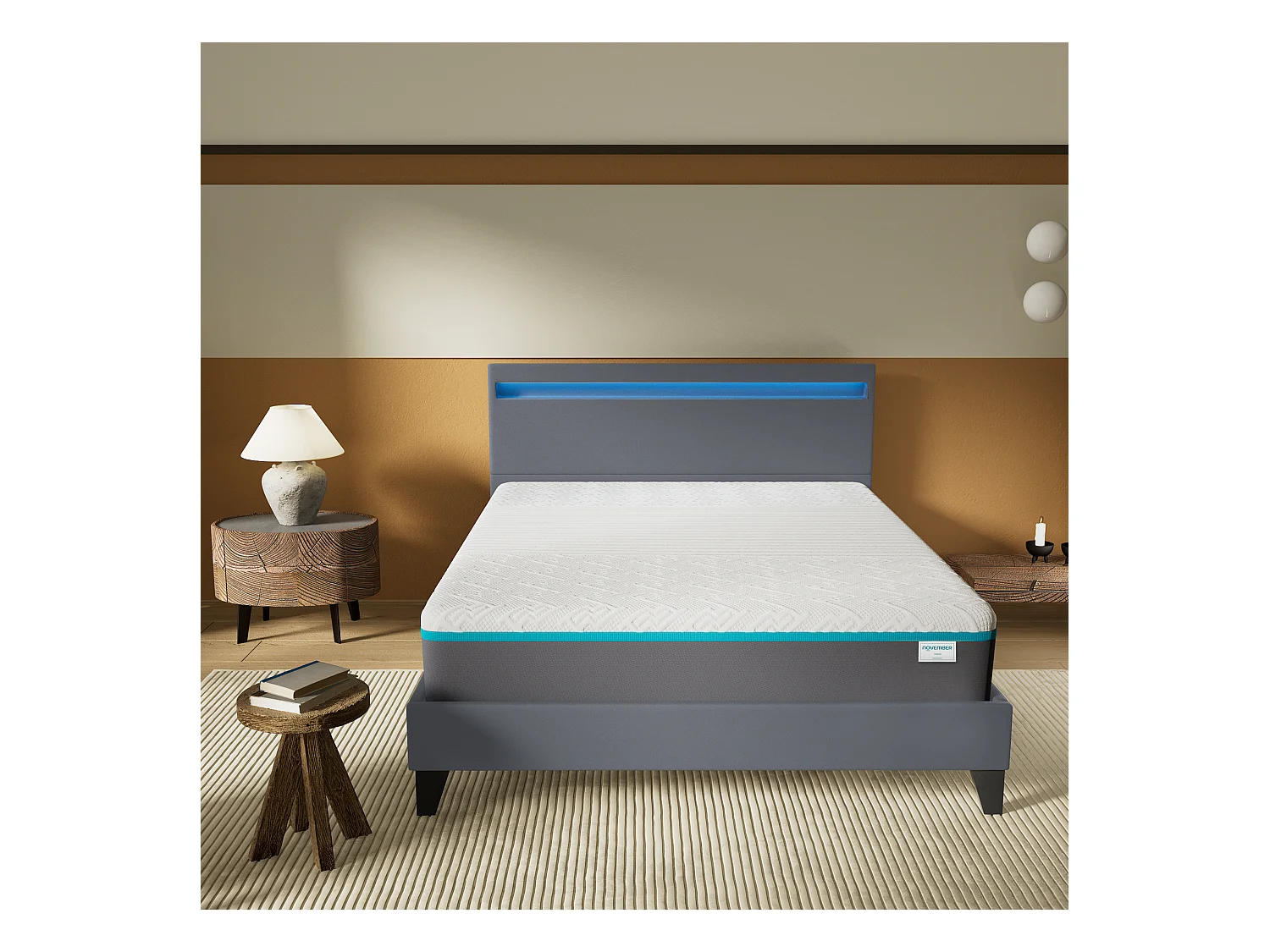 Ensemble Matelas Mousse + Lit Avec Tête De Lit 160x200cm Epaisseur 28cm Equilibré Accueil Latex