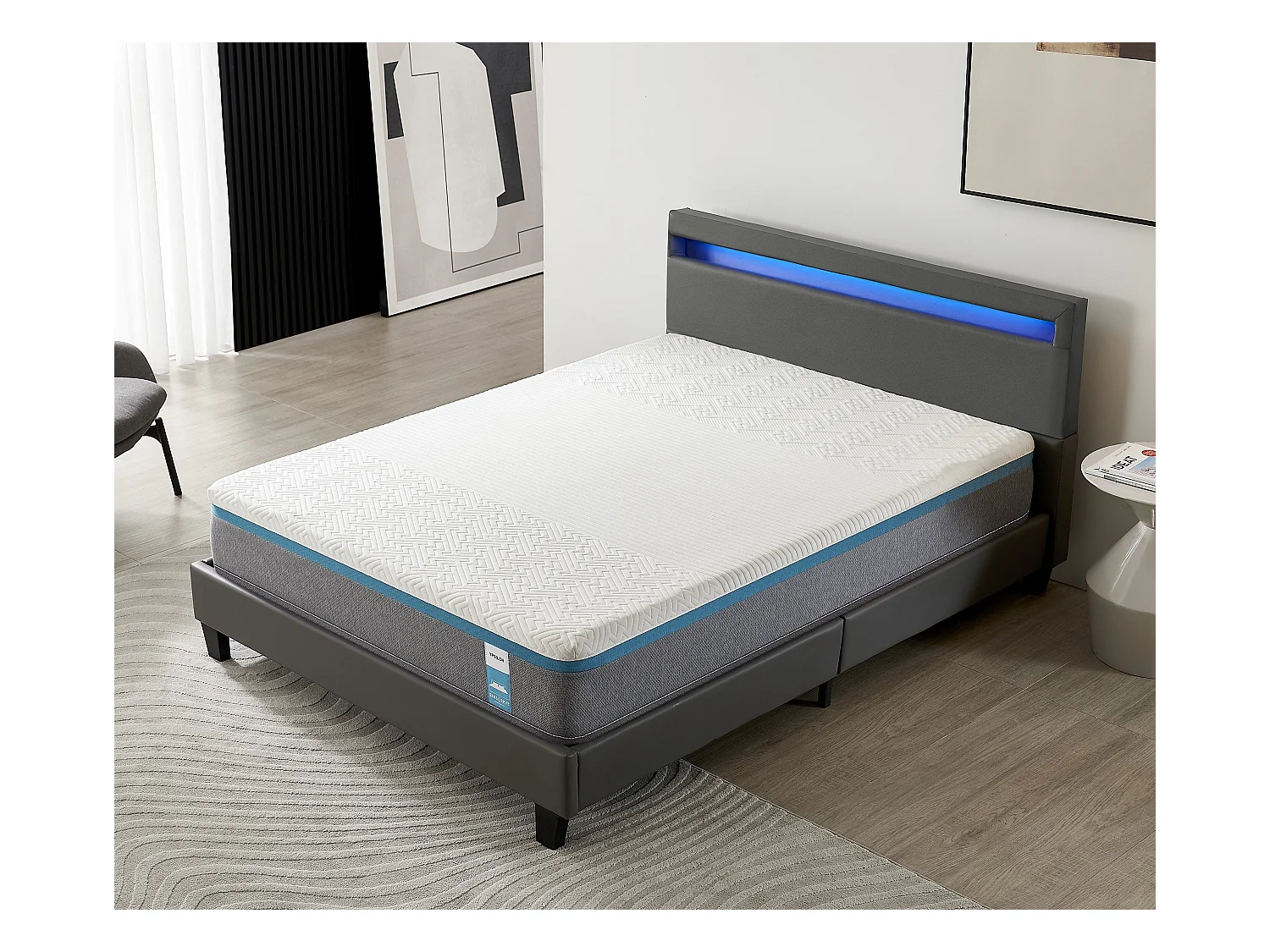 Ensemble Matelas Mousse + Lit Avec Tête De Lit 160x200cm Epaisseur 28cm Equilibré Accueil Latex
