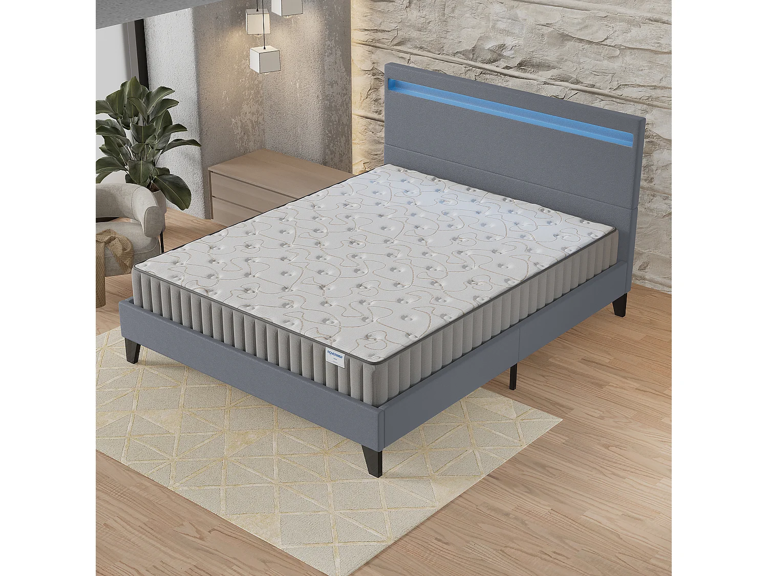 Ensemble Matelas + lit 140x200 cm, Matelas 16cm mousse, accueil mémoire de forme, lit à tête de lit LED similicuir gris