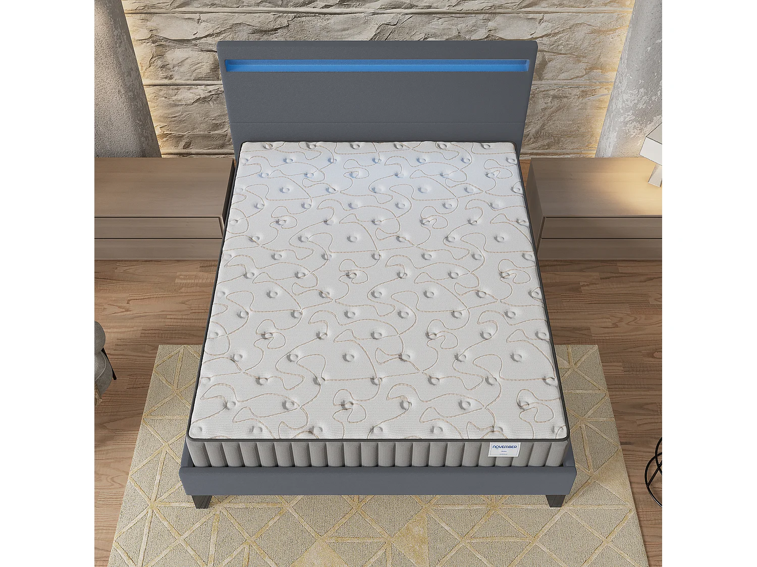Ensemble Matelas + lit 140x200 cm, Matelas 16cm mousse, accueil mémoire de forme, lit à tête de lit LED similicuir gris
