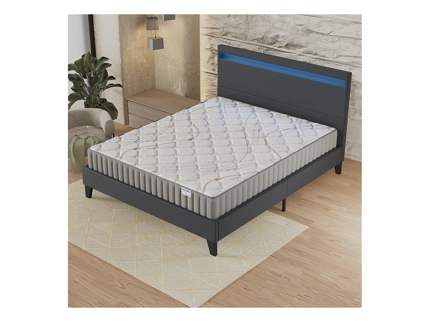 Ensemble Matelas + lit 140x200 cm, Matelas 16cm mousse, accueil latex, lit à tête de lit LED similicuir noir