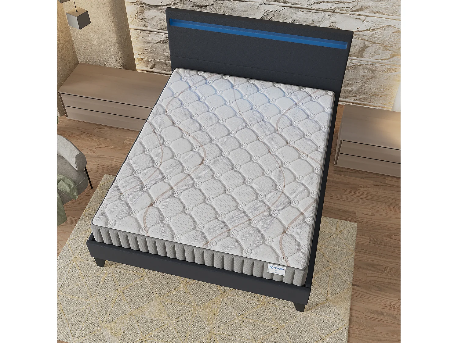 Ensemble Matelas + lit 140x200 cm, Matelas 16cm mousse, accueil latex, lit à tête de lit LED similicuir noir