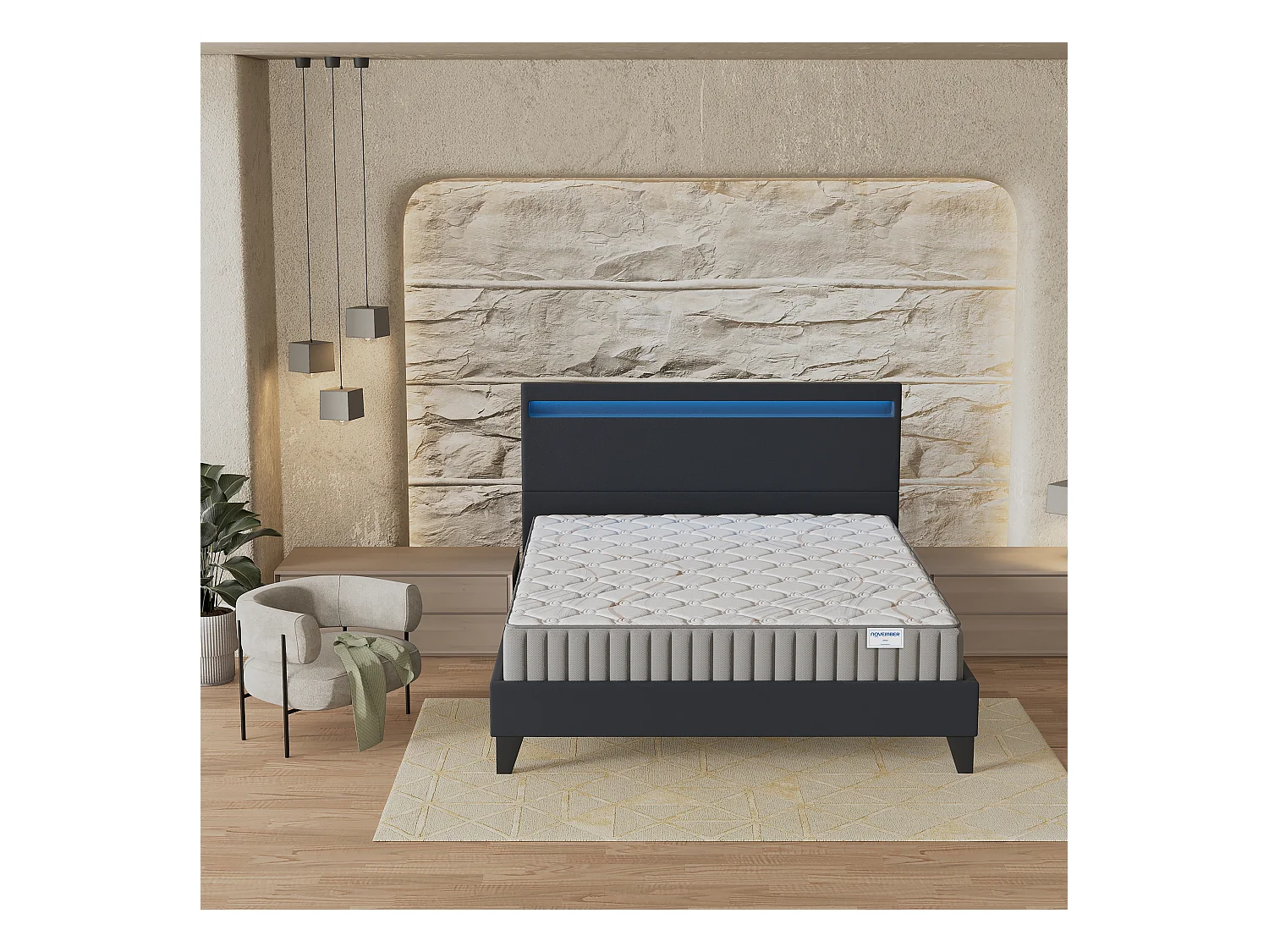 Ensemble Matelas + lit 140x190 cm, Matelas 16cm mousse, accueil latex, lit à tête de lit LED similicuir noir