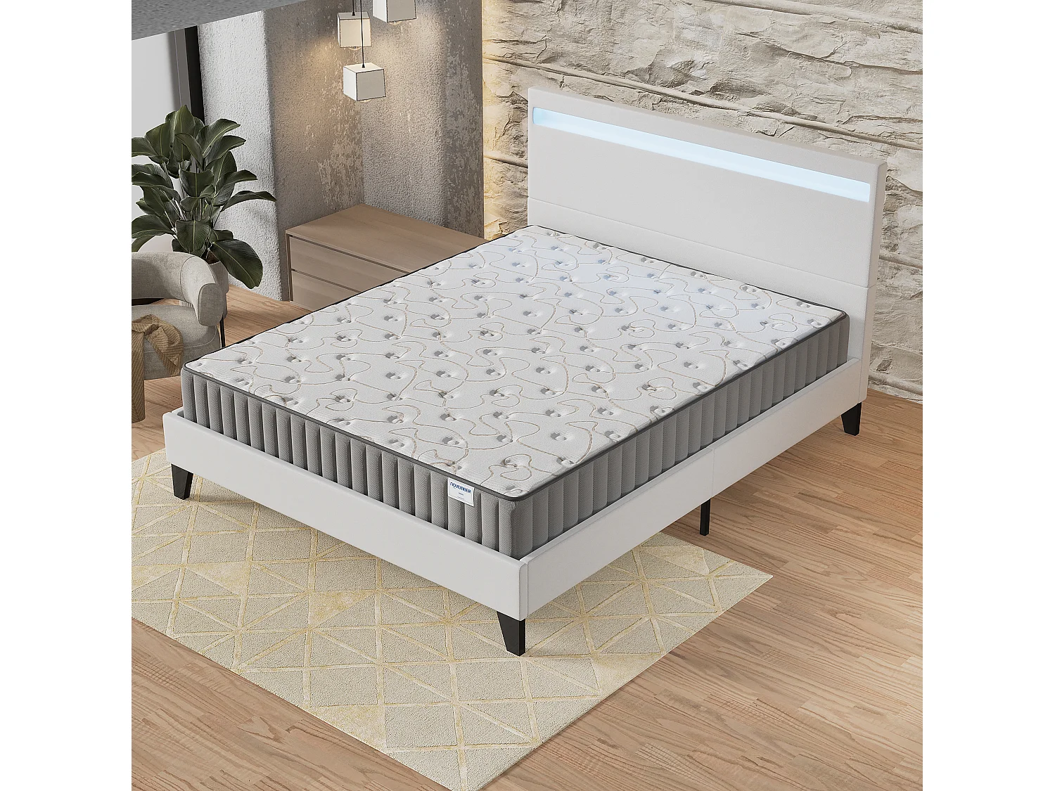 Ensemble Matelas + lit 140x190 cm, Matelas 16cm mousse, accueil mémoire de forme, lit à tête de lit LED similicuir blanc