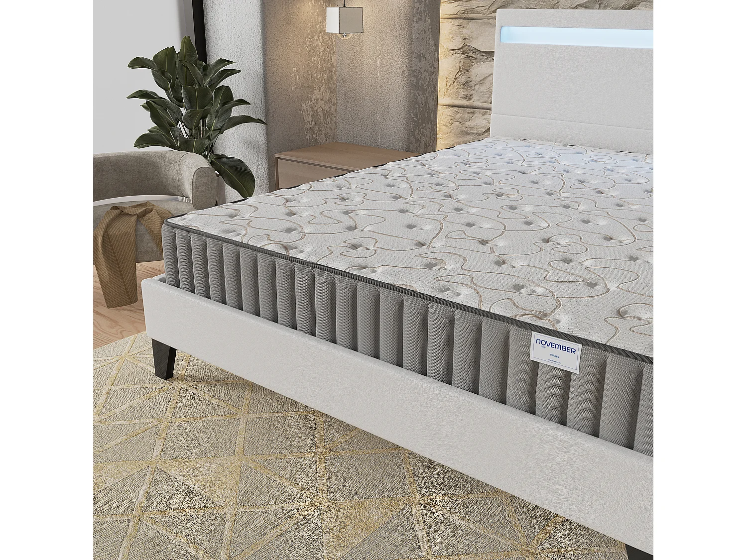 Ensemble Matelas + lit 140x190 cm, Matelas 16cm mousse, accueil mémoire de forme, lit à tête de lit LED similicuir blanc