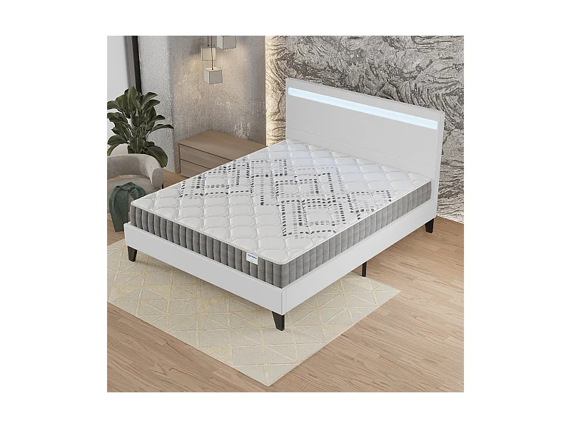 Ensemble Matelas + lit 140x190 cm, Matelas 20cm ressorts ensachés, accueil mousse, lit à tête de lit LED similicuir blanc