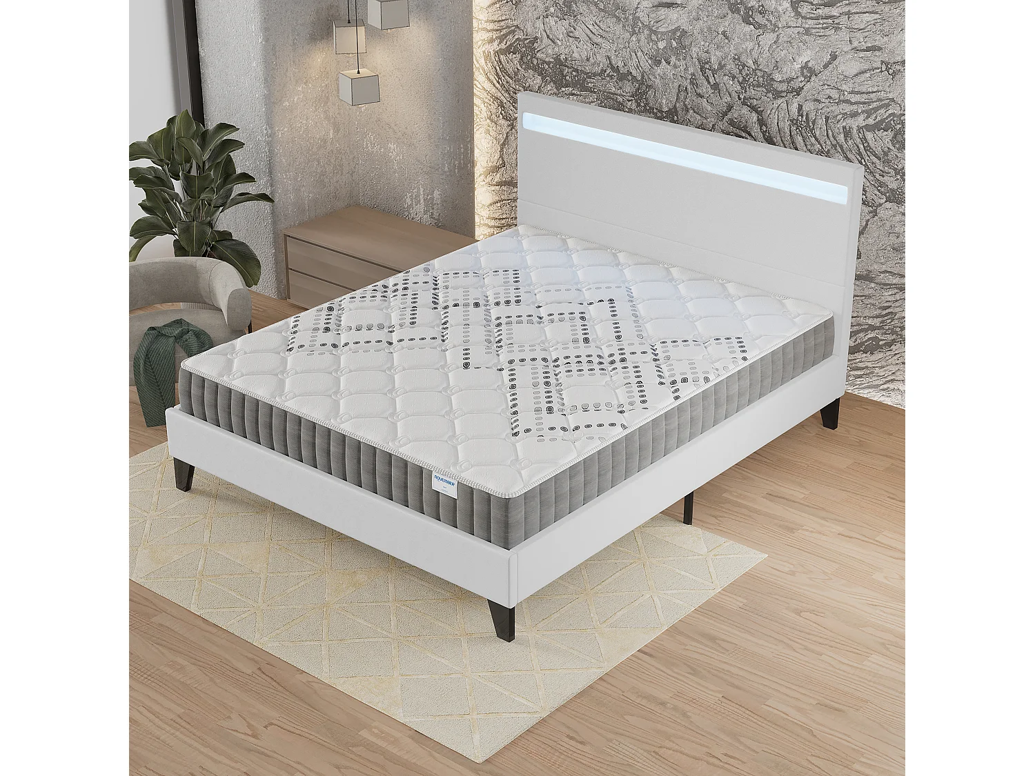 Ensemble Matelas + lit 140x190 cm, Matelas 20cm ressorts ensachés, accueil mousse, lit à tête de lit LED similicuir blanc