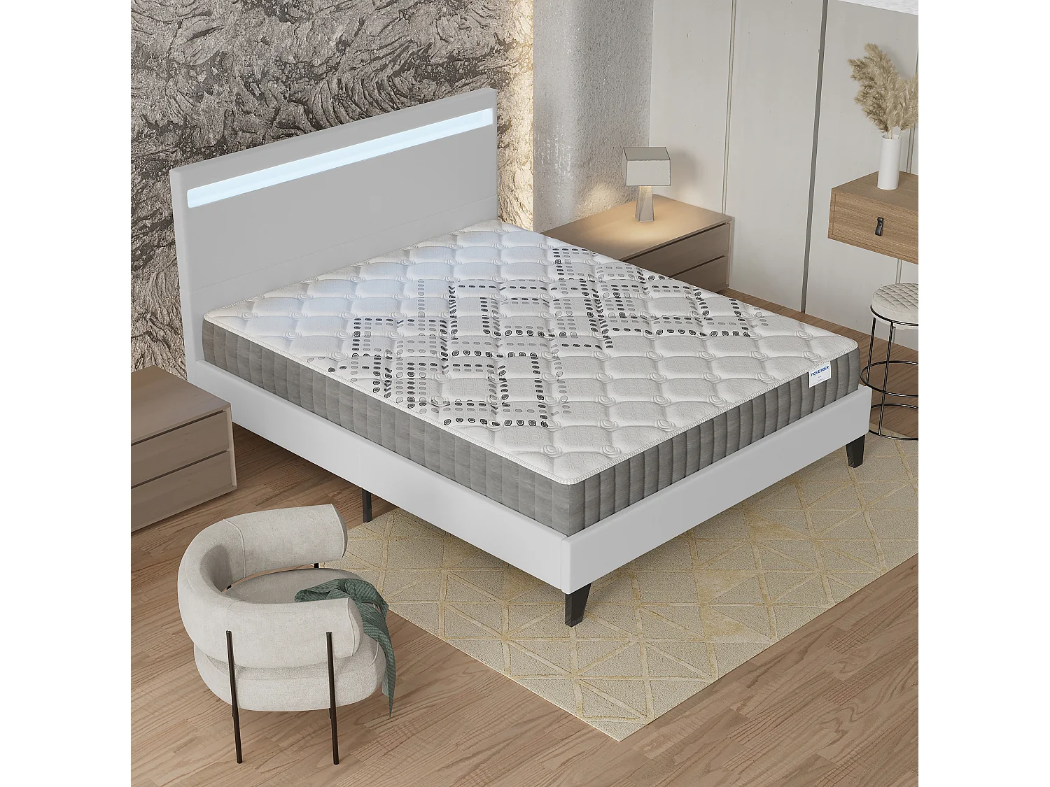 Ensemble Matelas + lit 140x190 cm, Matelas 20cm ressorts ensachés, accueil mousse, lit à tête de lit LED similicuir blanc