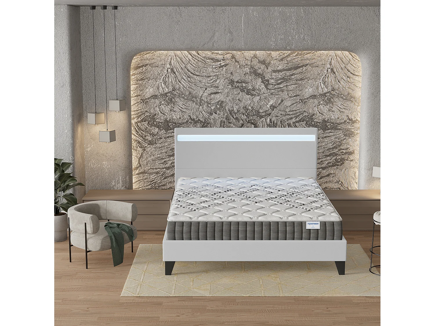Ensemble Matelas + lit 140x190 cm, Matelas 20cm ressorts ensachés, accueil mousse, lit à tête de lit LED similicuir blanc