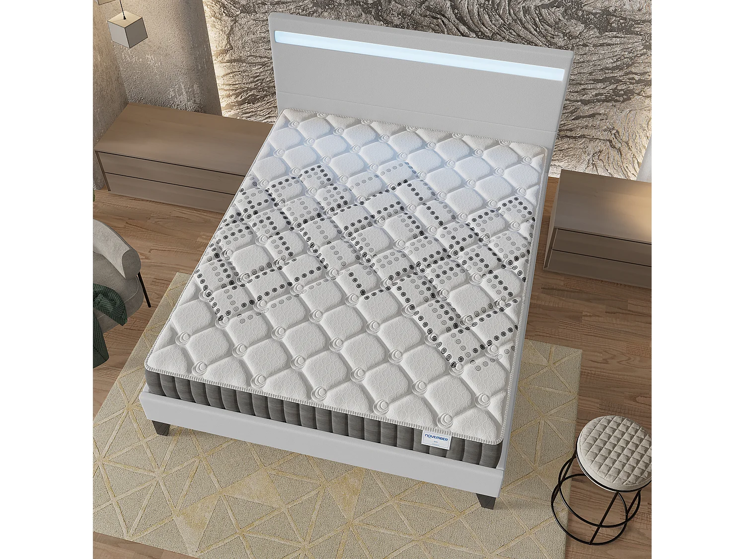 Ensemble Matelas + lit 140x190 cm, Matelas 20cm ressorts ensachés, accueil mousse, lit à tête de lit LED similicuir blanc