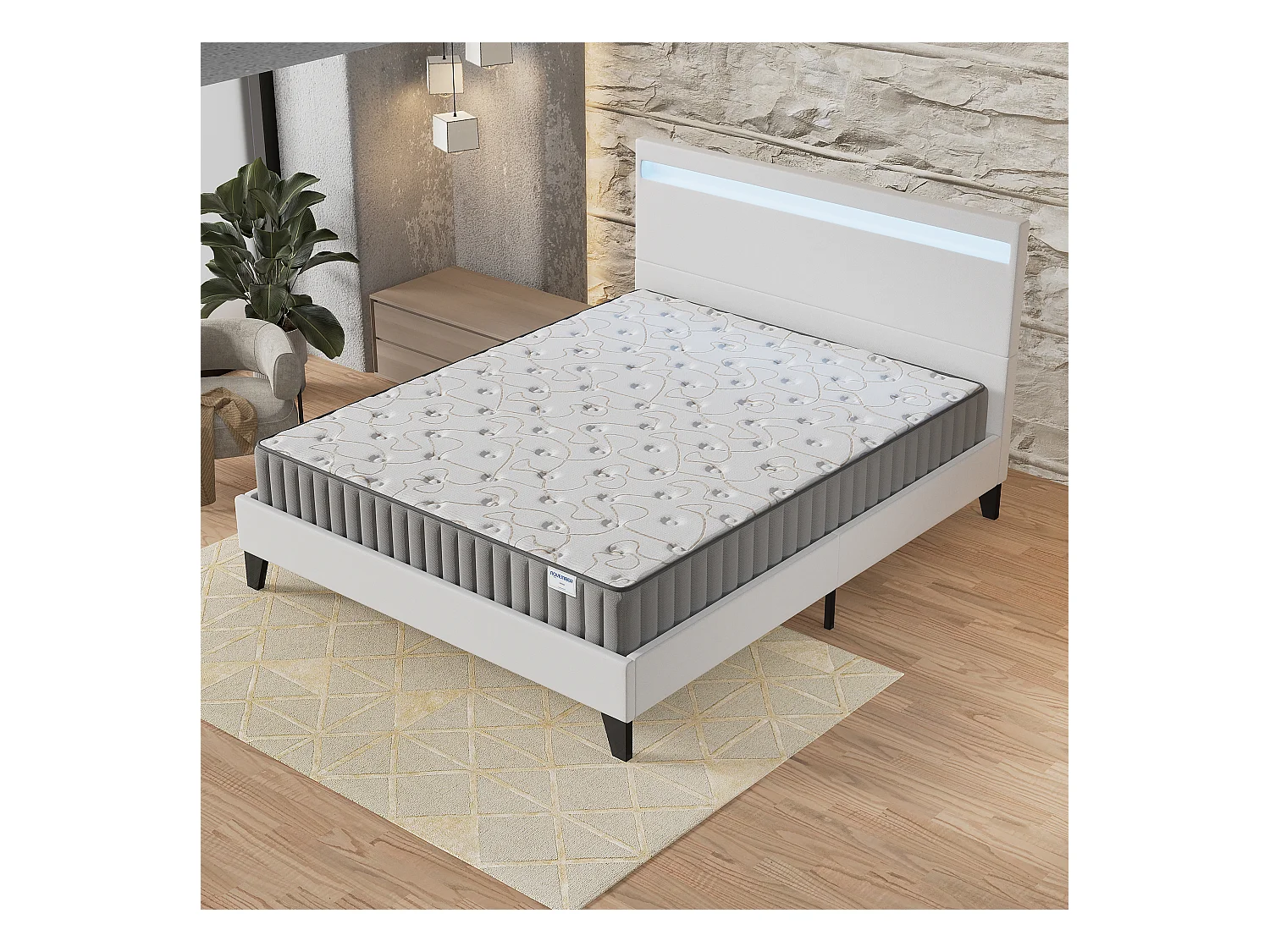 Ensemble Matelas + lit 120x190 cm, Matelas 16cm mousse, accueil mémoire de forme, lit à tête de lit LED similicuir blanc