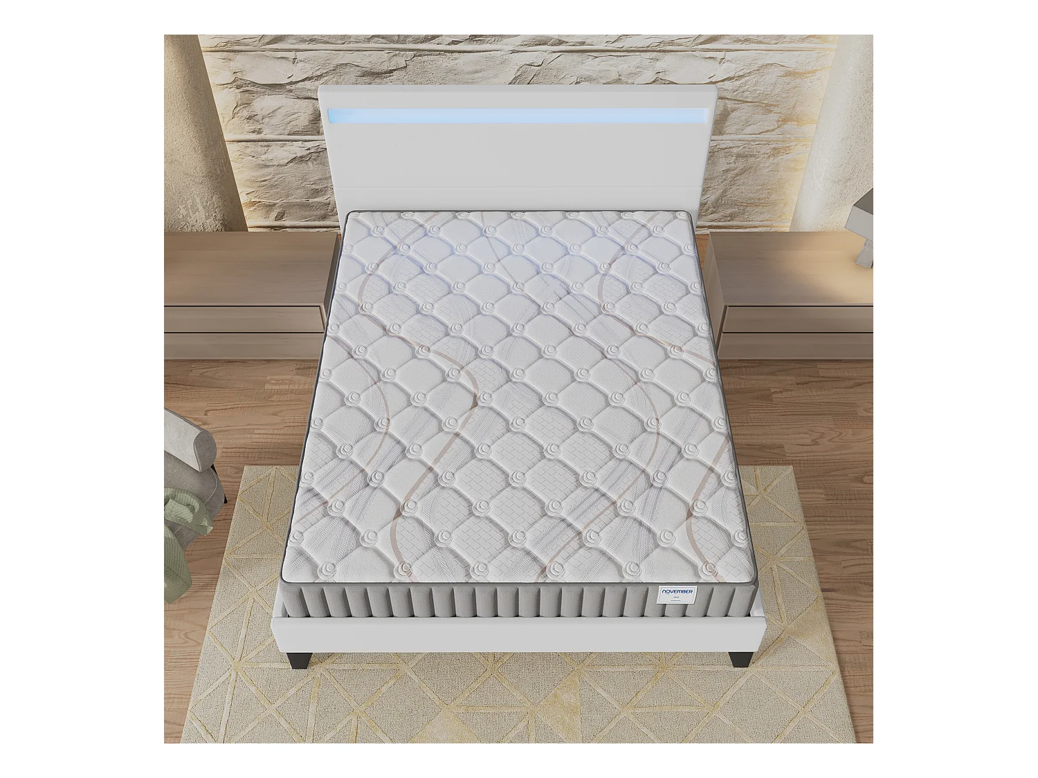 Ensemble Matelas + lit 160x200 cm, Matelas 16cm mousse, accueil latex, lit à tête de lit LED similicuir blanc