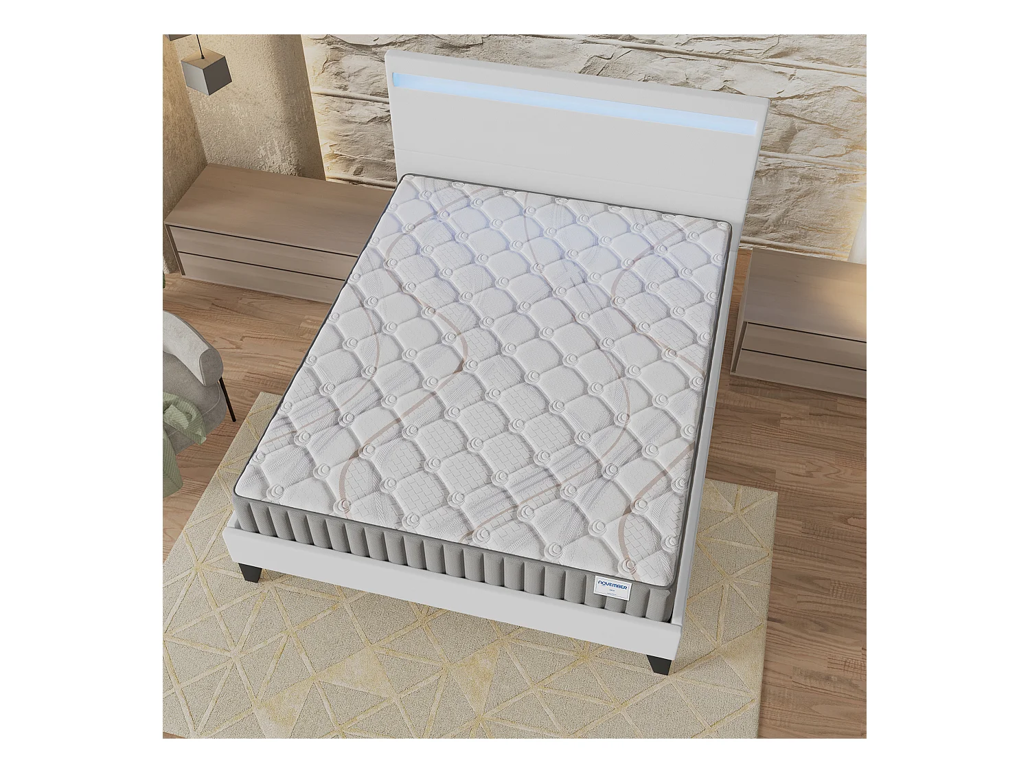 Ensemble Matelas + lit 160x200 cm, Matelas 16cm mousse, accueil latex, lit à tête de lit LED similicuir blanc