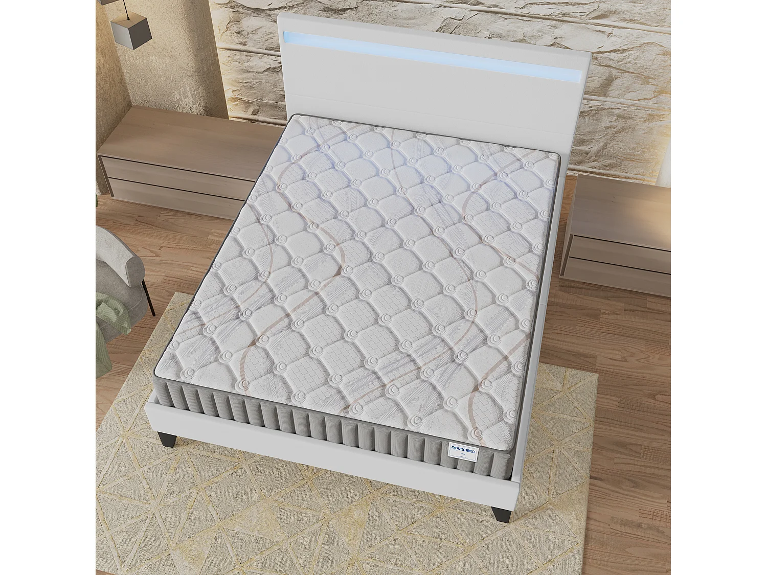 Ensemble Matelas + lit 160x200 cm, Matelas 16cm mousse, accueil latex, lit à tête de lit LED similicuir blanc