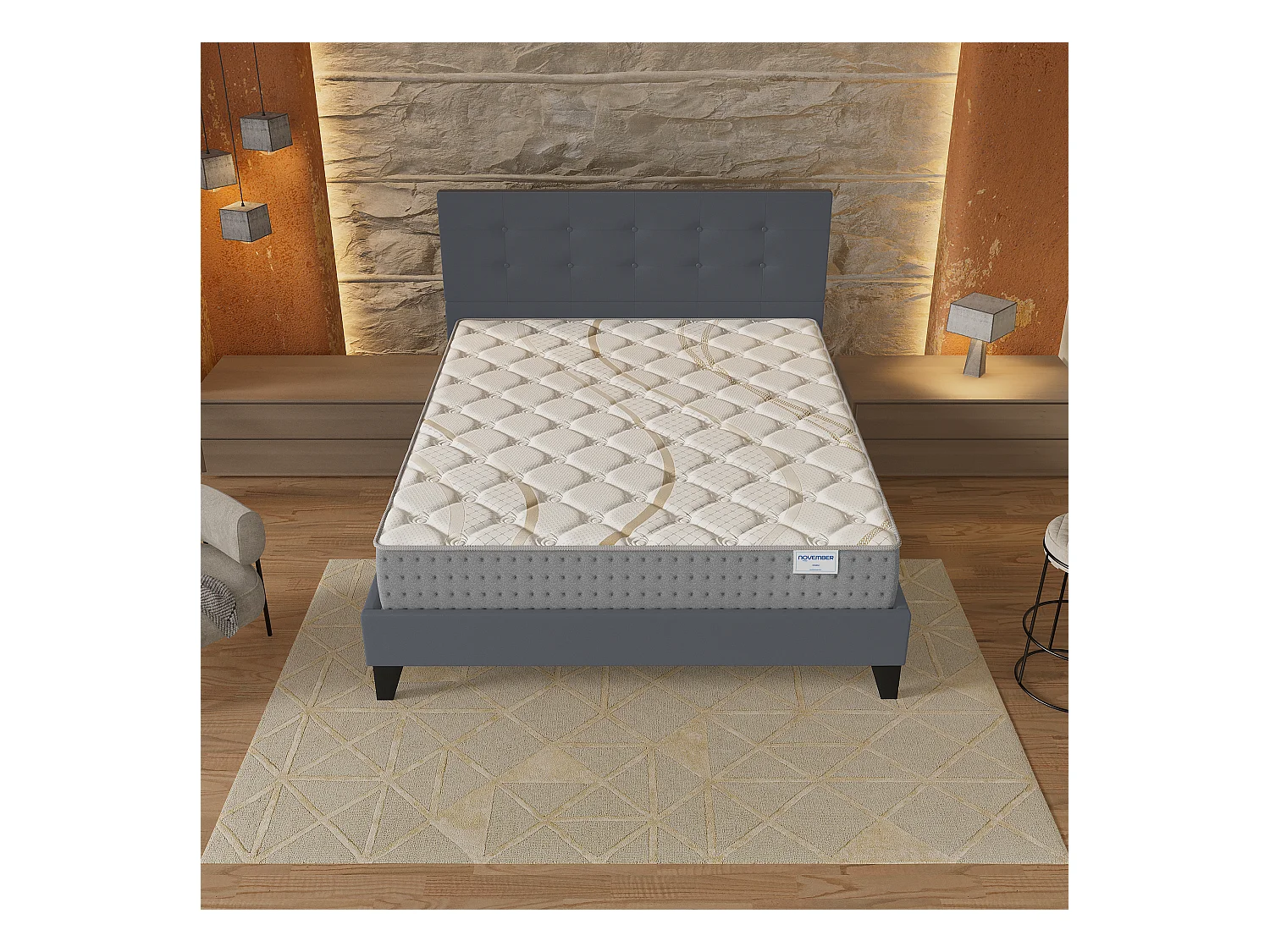 Ensemble 160x200 cm, lit avec tête de lit + matelas ressorts ensachés, ép.25cm accueil mousse HR