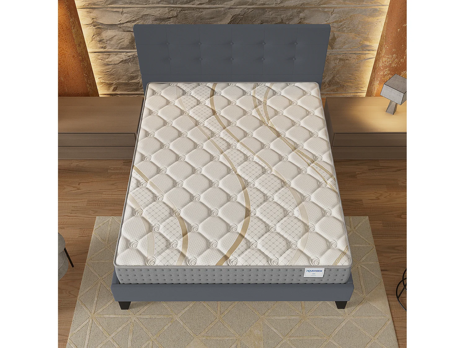 Ensemble 160x200 cm, lit avec tête de lit + matelas ressorts ensachés, ép.25cm accueil mousse HR