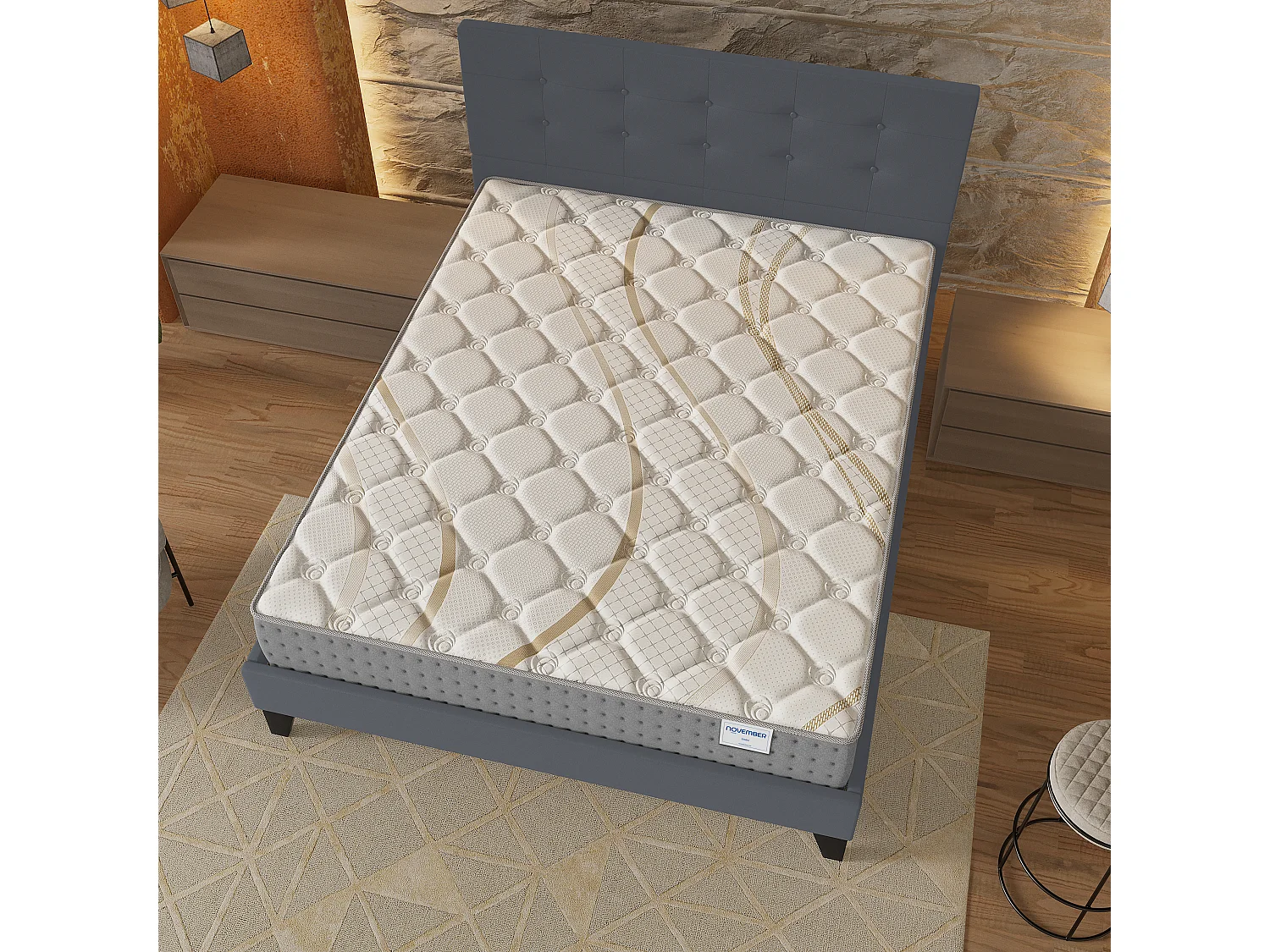 Ensemble 160x200 cm, lit avec tête de lit + matelas ressorts ensachés, ép.25cm accueil mousse HR